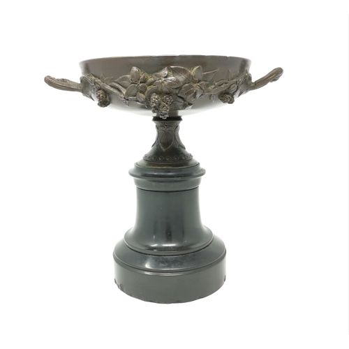 426 - A 19th century bronze 2-handled urn decorated with a bacchanal scene to the interior, and relief bor... 