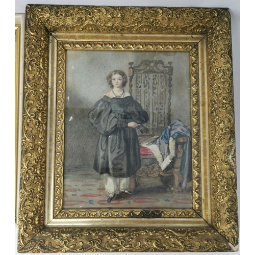 481 - A late 19th century watercolour portrait of a young woman in black silk dress, 24 x 19 cm, gilt fram... 