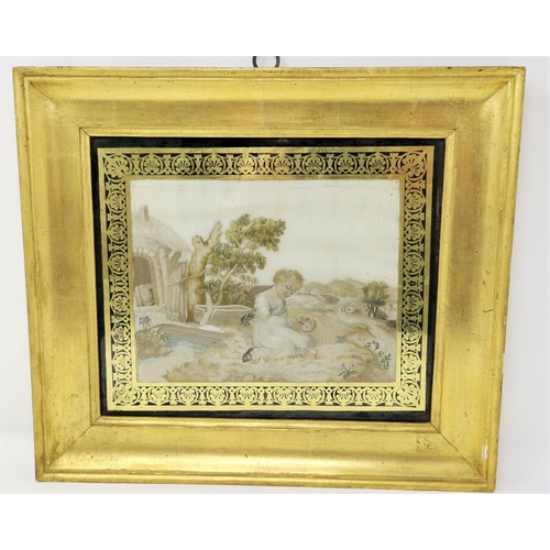 482 - A Georgian silk picture of a young girl with chicks in a nest, 16 x 20 cm, gilt framed