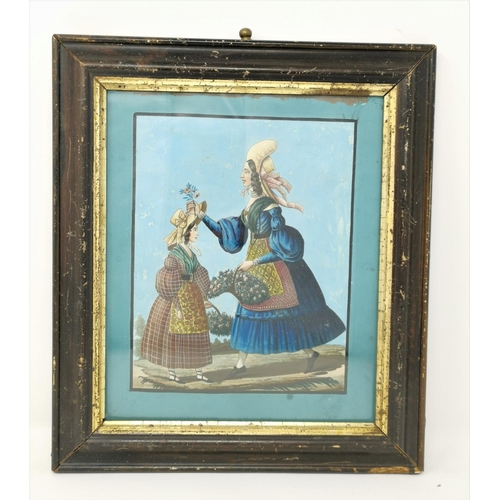 484 - A 19th century pen and watercolour picture, probably Italian, 2 women with flowers, 20 x 16 cm, fram... 