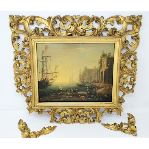 485 - 19th Century Continental:  oil on canvas of a harbour scene with ships and figures, 23 x 29 cm, carv... 