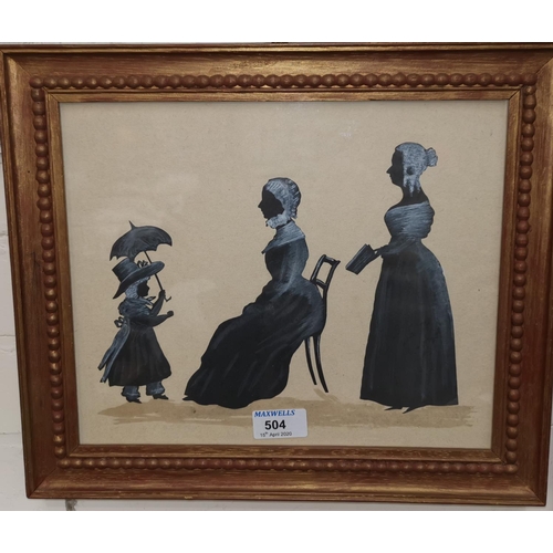 504 - A cut paper and white body colour silhouette picture depicting a child and her governesses, 24x 29 c... 