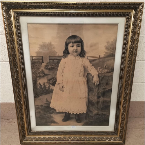 517 - A large photo art portrait of a young girl in patterned linen dress, c. 1900, 87 x 65 cm, gilt frame... 
