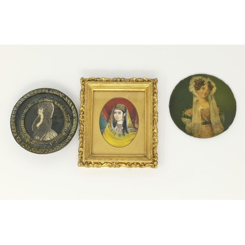 532 - A 19th century miniature portrait of an Indian woman, 6.2 x 4.8 mm, gilt framed; 2 others