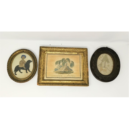 534 - A felt picture of a girl astride a dog, gilt frame 17 cm overall; 2 pieces of 19th century stitchwor... 