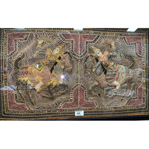 450 - An Indian metal and colour thread picture of 2 figures on horseback, 41 x 69 cm; another of an eleph... 