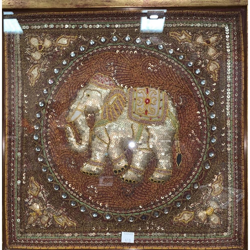 450 - An Indian metal and colour thread picture of 2 figures on horseback, 41 x 69 cm; another of an eleph... 