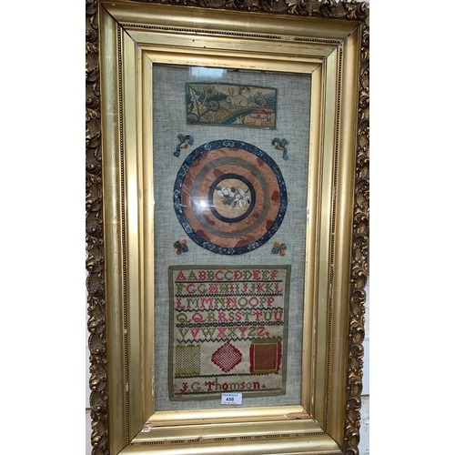 458 - A 19th century woolwork alphabet sampler mounted with other embroideries in a heavy gilt frame, 82 x... 