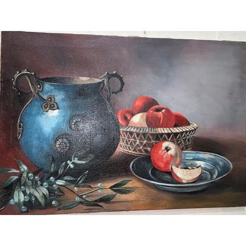 508 - Still life with fruit, oil on canvas, unsigned, 46 x 66 cm; another signed 'Francis James'