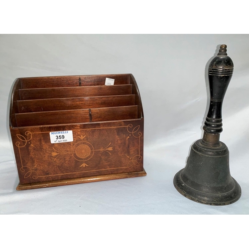 359 - An Edwardian mahogany letter rack, inlaid decoration, 23 cm; a Victorian school bell with ebony hand... 