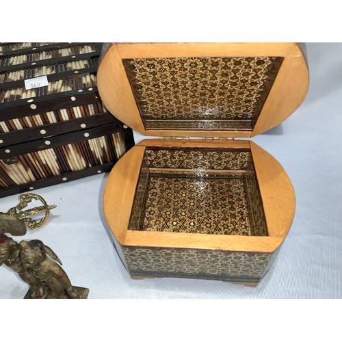 360 - An ebony and porcupine quill jewellery box, 22 cm; a Tibetan brass sceptre; brass figures; etc.