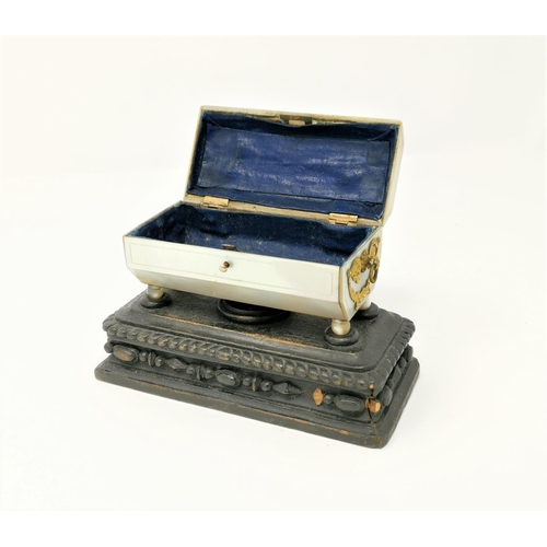 444 - A 19th century continental jewellery casket, mother-of-pearl with ormolu mounts, carved wood base, 1... 