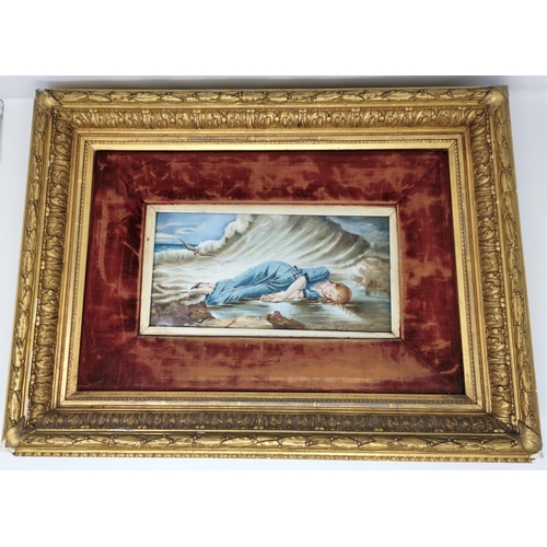 491 - A. Spink:  enamelled ceramic panel c. 1900, drowned maiden, signed, 14 x 29 cm, framed and glazed