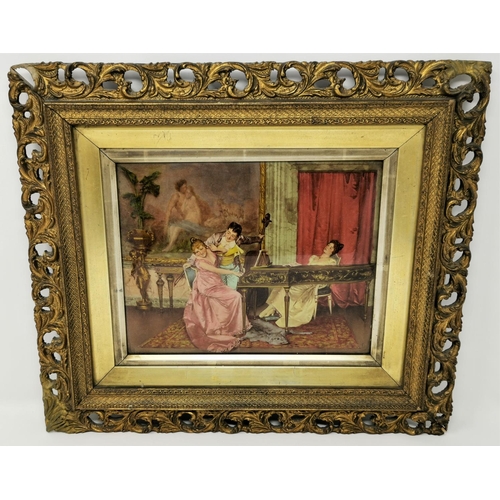 493 - A colour crystoleum depicting a salon scene, 20 x 25 cm;