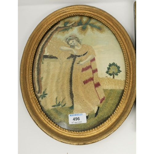 496 - A Georgian silk thread and watercolour picture of a young woman, 30 x 23 cm, oval gilt frame; a 19th... 