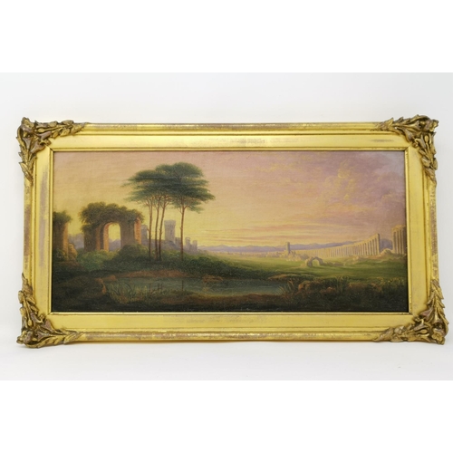 505 - 19th Century English School:  oil on canvas, a neoclassical capriccio at sunset, 16 x 35 cm, gilt fr... 