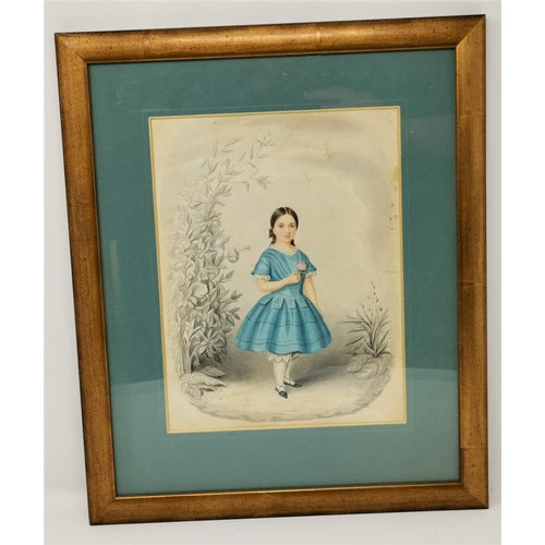 510 - A 19th century watercolour of a girl in blue dress, 26 x 20 cm, framed; 2 others