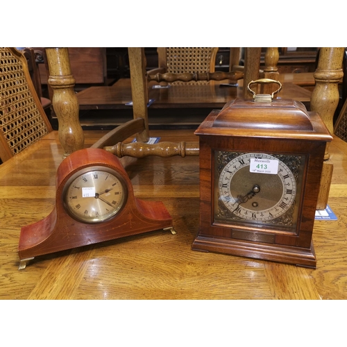 374 - A Georgian style bracket clock in walnut case; an Edwardian mantel clock in inlaid mahogany case