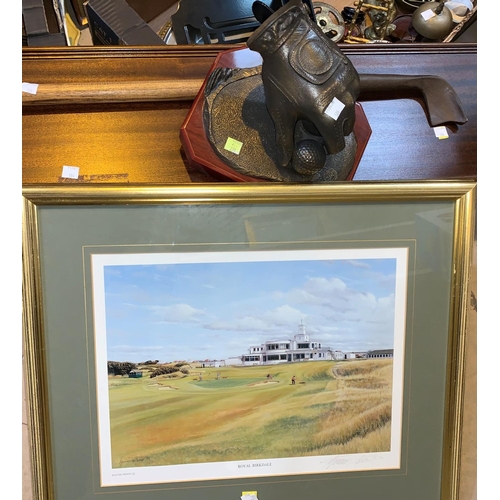 384 - A reproduction 'Oldest Club' on wall mount; bronzed golfing trophy and golfing prints