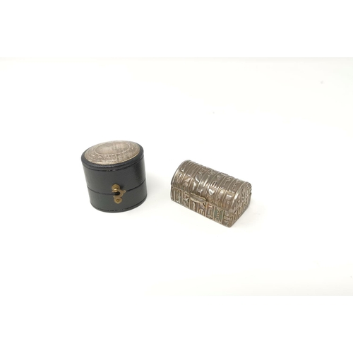 289 - A Edinburgh hall marked silver and leather effect ring box and a white metal box with Egyptian decor... 