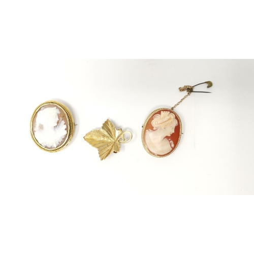 292 - Two 9ct gold rimmed cameo brooches and a 9ct gold leaf brooch (leaf brooch 2.4gm)
