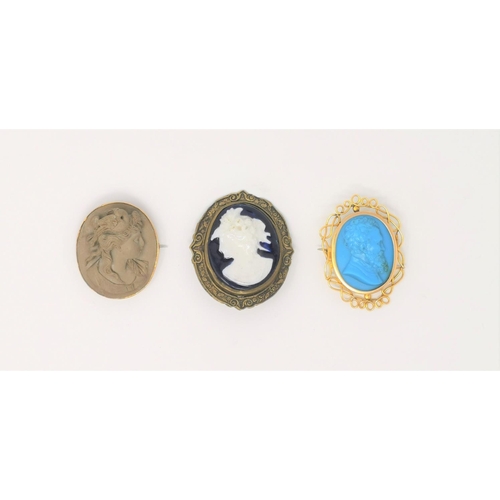 302 - An Italian lava stone cameo brooch, gilt metal mount; 2 other cameo style brooches