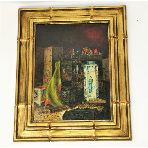 379 - 19th century oil painting depicting oriental items including vase and sword, signed, framed in gilt ... 