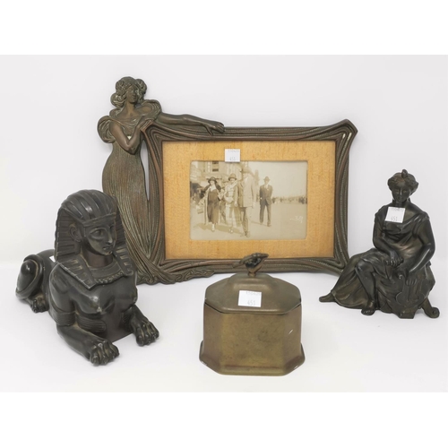 451 - An Art Nouveau style photograph frame, 30 cm; a 19th century bronze tobacco box; a spelter reclining... 