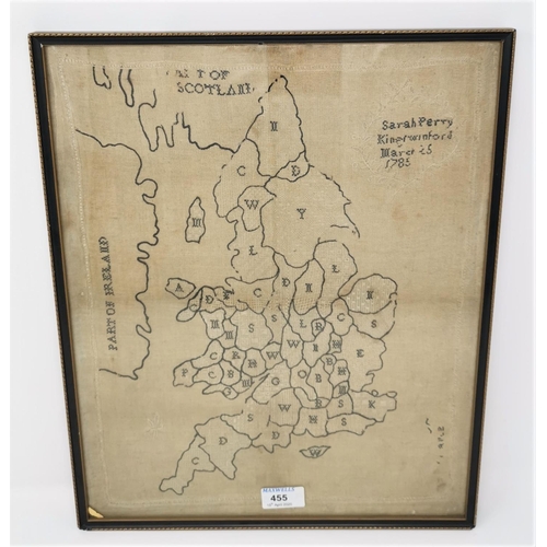 455 - An 18th century linen map sampler:  Sarah Perry, Kings Winford, March 15, 1785, 42 x 34 cm, framed