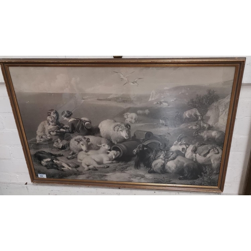 480 - A 19th century engraving:  Cliff top scene with children and domestic animals, 52 x 83 cm, framed