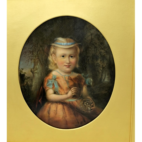 494 - 19th Century:  oil on card, a three quarter length portrait of a young girl holding a bird's nest, o... 