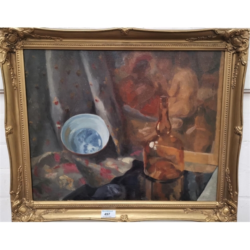 497 - Ann Strachan:  oil on canvas, still life with bottle, signed on verso, 40 x 49 cm, gilt framed