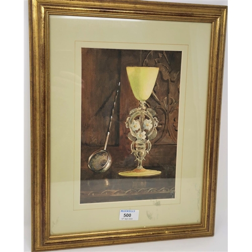 500 - 19th Century: Still Life of a Venetian glass goblet and a silver punch ladle, water colour, unsigned... 