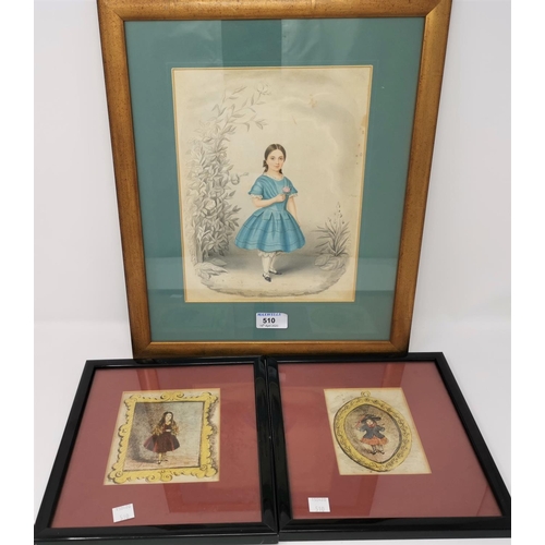 510 - A 19th century watercolour of a girl in blue dress, 26 x 20 cm, framed; 2 others
