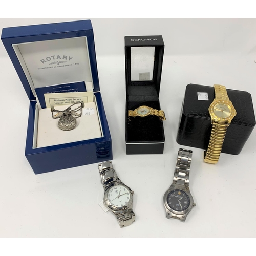 285 - A Timex Expedition wristwatch, 2 similar and a Cosmopolitan pearlescent lady's gilt quartz watch, bo... 