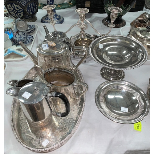 314 - Two Victorian silver plated 3 piece tea service; a pair of graduated tazzas; a candelabrum; etc.