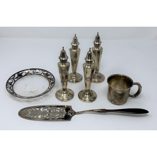 337 - A set of 4 tall pepperettes, stamped 'Sterling'; a similar mug; a dish with silver overlay; a contin... 