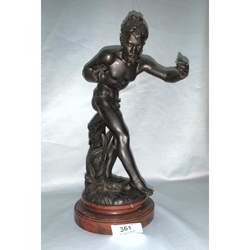 361 - A 19th century cast metal figure of an African man dancing, signed L Sagar, marble base, 28cm overal... 