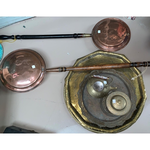 363D - 2 19th century copper warming pans; 2 Middle Eastern brass trays and brassware