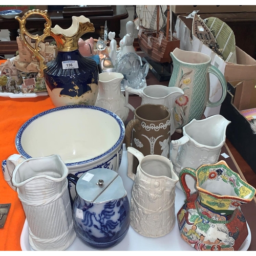 136 - A Victorian Wedgwood blue and white chamber pot and a selection of Victorian and later jugs etc