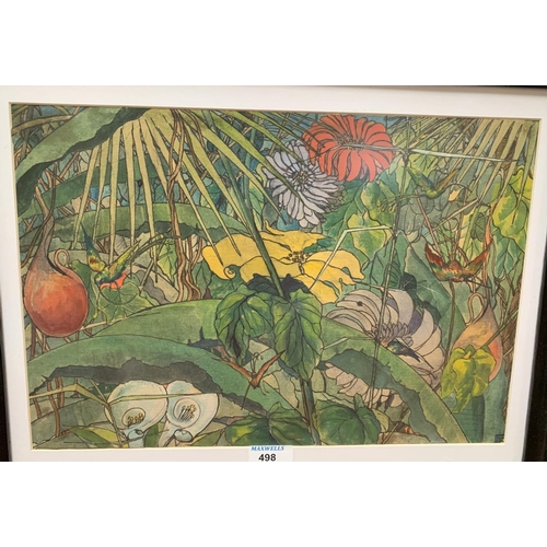 498 - English 20th Century:  watercolour, tropical scene with hummingbird, signed with monogram (F.E.?), 2... 