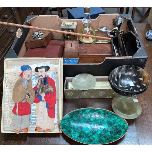 365 - A selection of collectables including two Chinese figures on silk, malachite and other hardstone bow... 