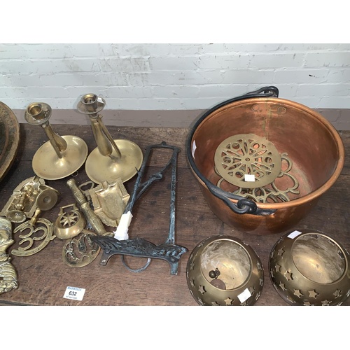 97 - A pair of ship's brass candlesticks, a copper jam pan, brass plaques and other copper and brassware
