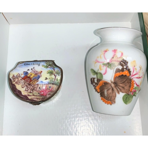 124 - A small Royal Worcester handpainted vase 'Butterflies', height 8cm; a Bilston style 18th century sty... 