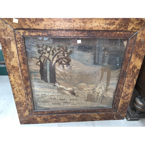366d - An 18th century stump work and woven silk memorial picture (discoloured and split) 43 x 50cm, in har... 