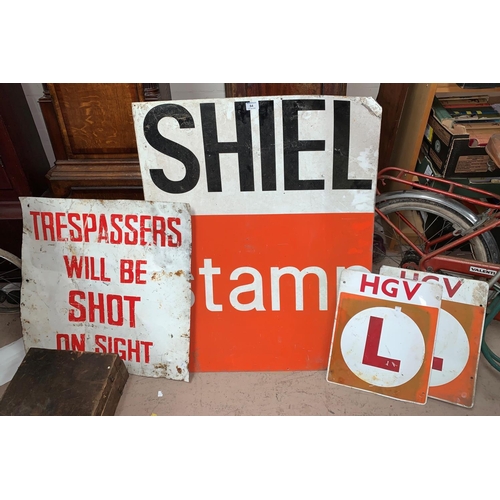 64 - A 'Shell Stamp' metal sign; 2 HGV 'L' plates; a sign 'Trespassers will be shot'