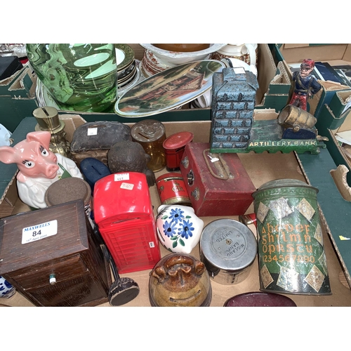 84 - A selection of novelty money boxes including a cast iron 'Artillery Bank' example