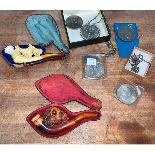 68A - A Meerschaum pipe, another pipe, modern commemorative coins etc