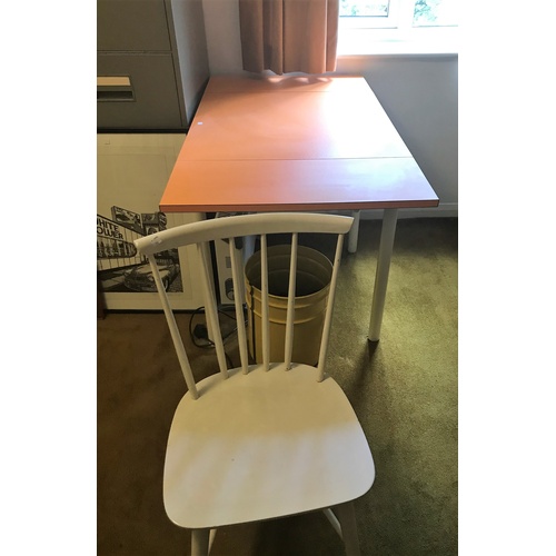 565c - An orange drop leaf kitchen table and 2 chairs; a light oak writing table