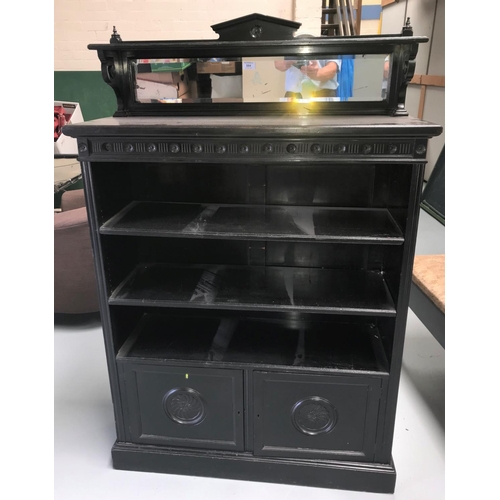 584 - An Aesthetic movement ebonised side cabinet with raised mirror back, 3 open shelves and double cupbo... 